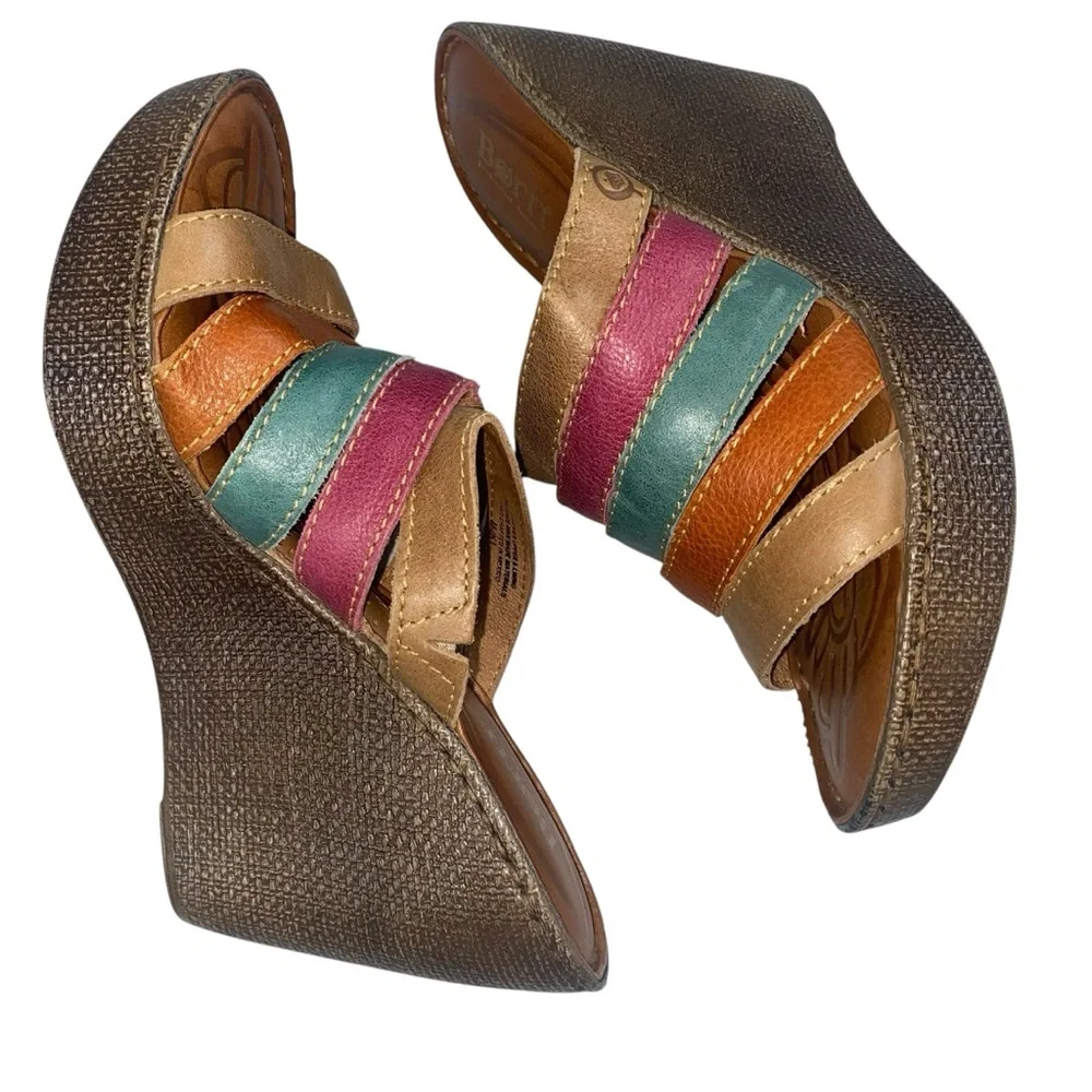 Born Lumi Multicolor Strappy Wedge Sandals Leather Size 9 Boho Colorful Bold NEW
